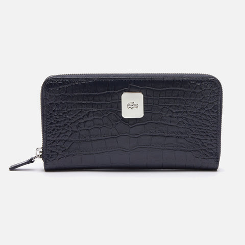 Women's Lacoste Amelia Large Zippered Embossed Leather Purse - Black
